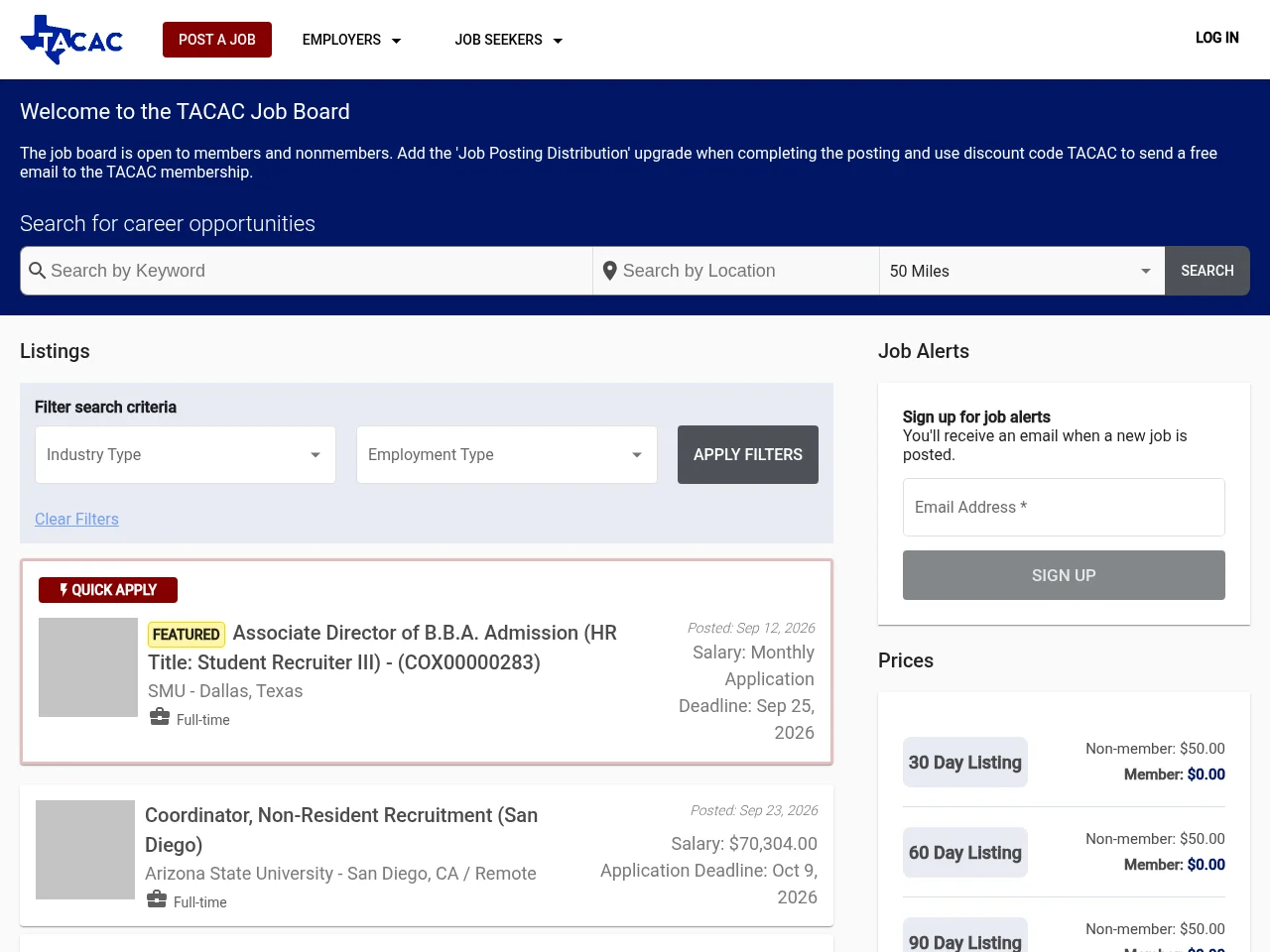 TACAC Job Board job board platform screenshot showing job search interface