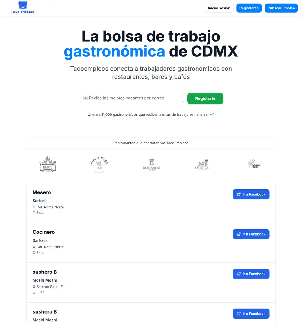 Taco Empleos job board platform screenshot showing job search interface