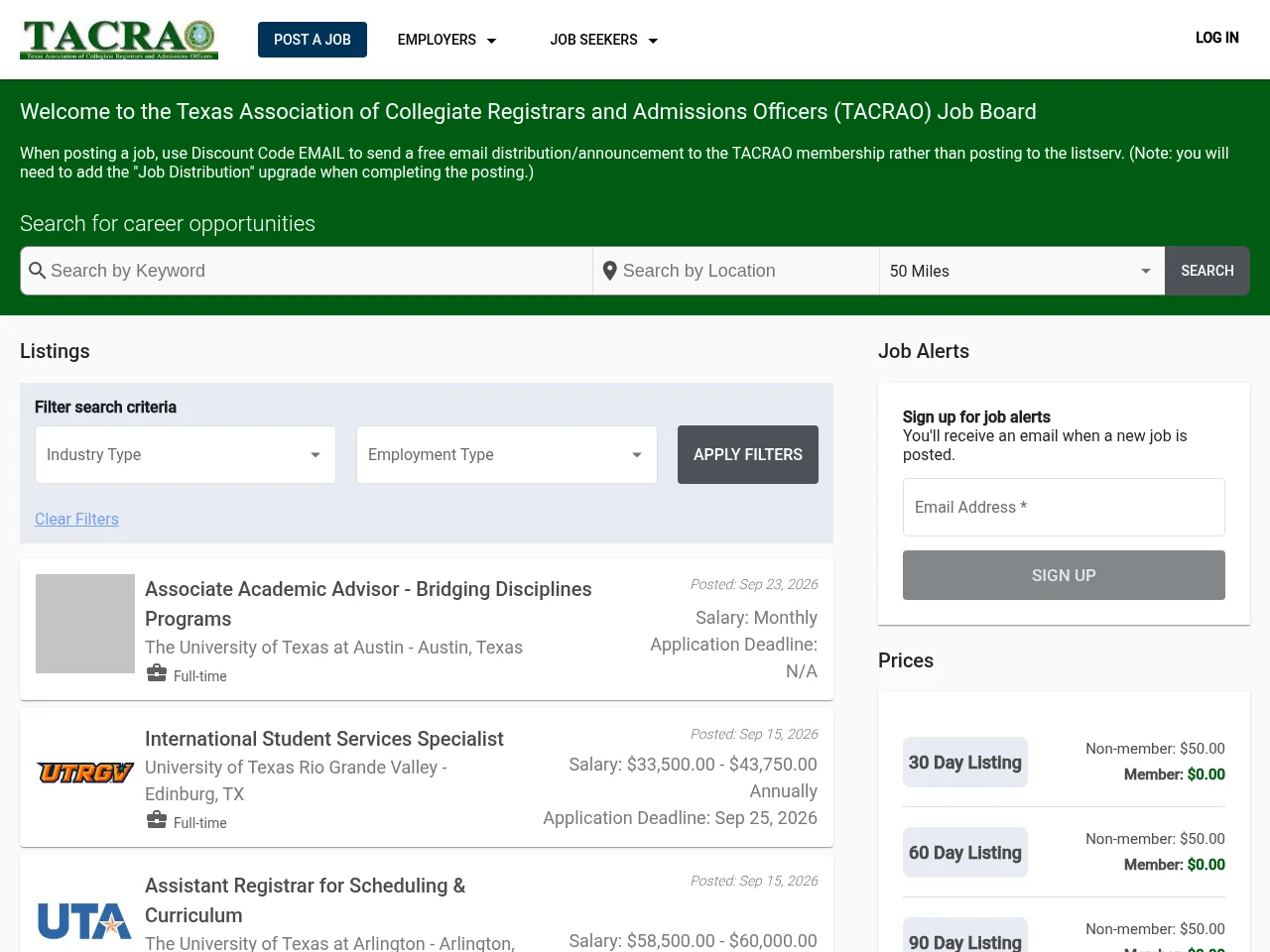 Texas Association of Collegiate Registrars and Admissions Officers (TACRAO) - Job Board job board platform screenshot showing job search interface