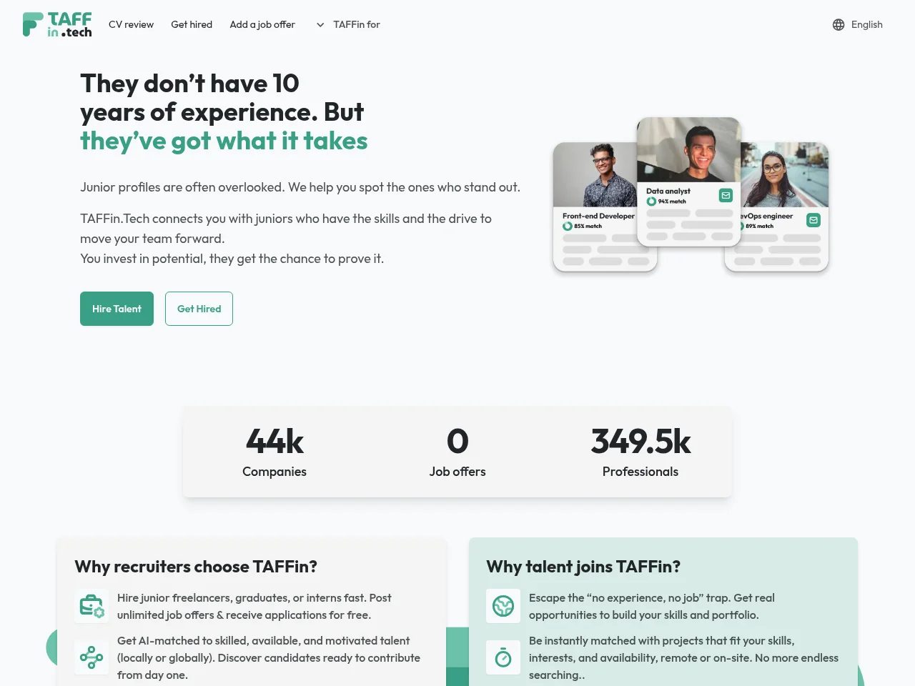 TAFFin.Tech job board platform screenshot showing job search interface