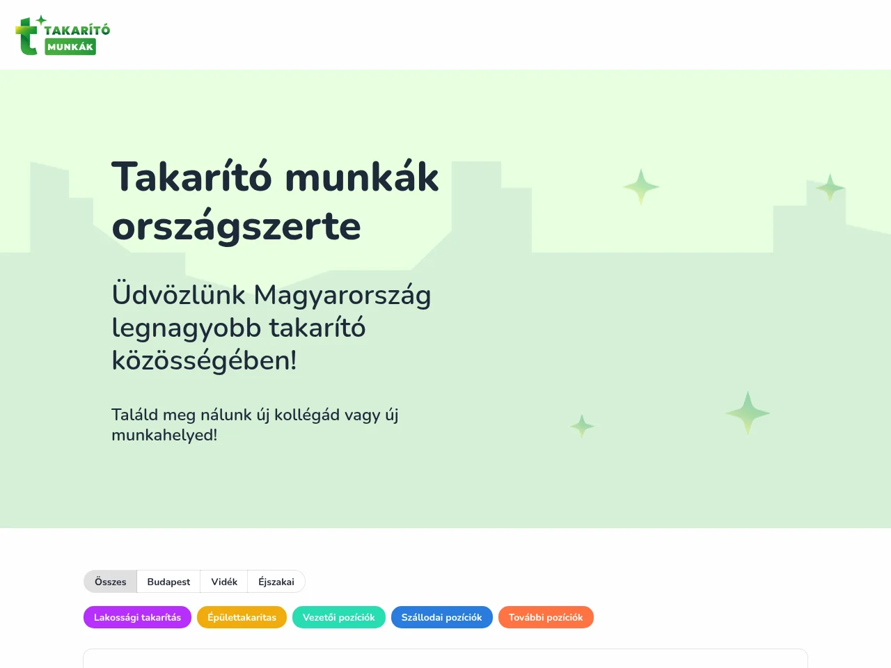 Takarító munkák job board platform screenshot showing job search interface