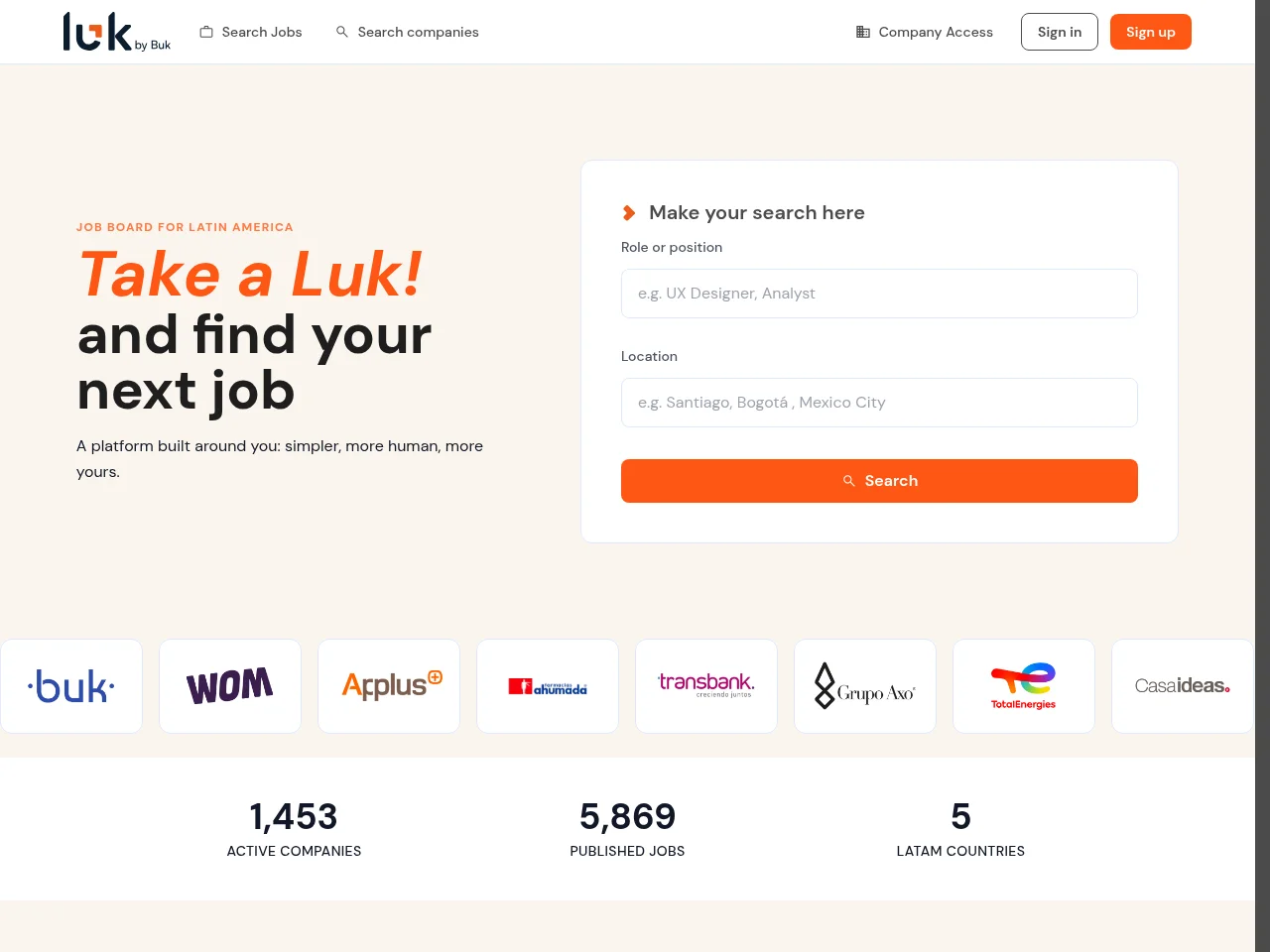 Luk job board platform screenshot showing job search interface