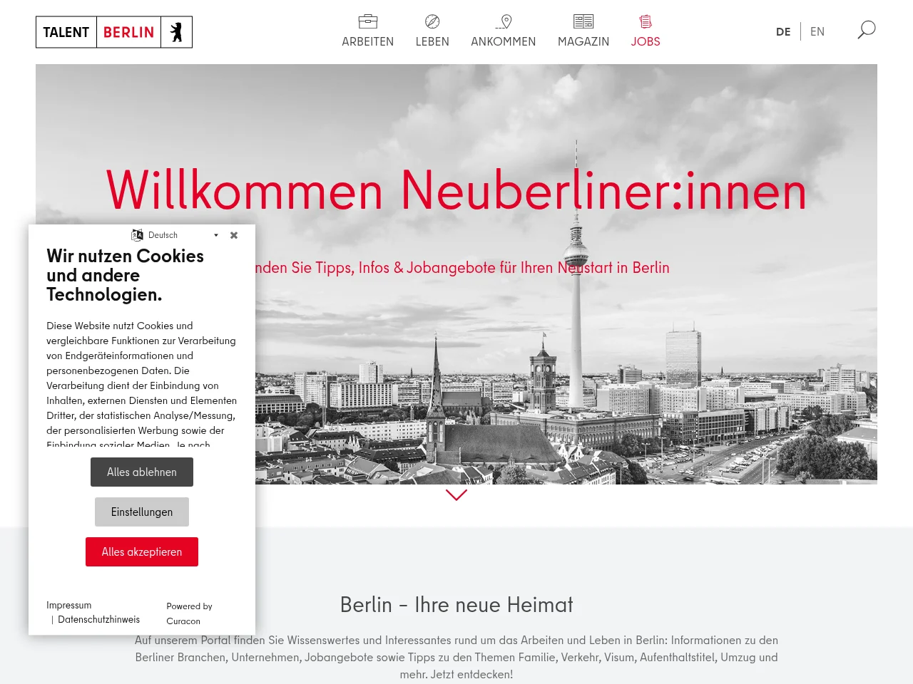 Talent Berlin job board platform screenshot showing job search interface