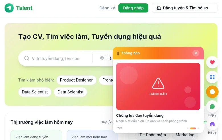 Talent.vn job board platform screenshot showing job search interface