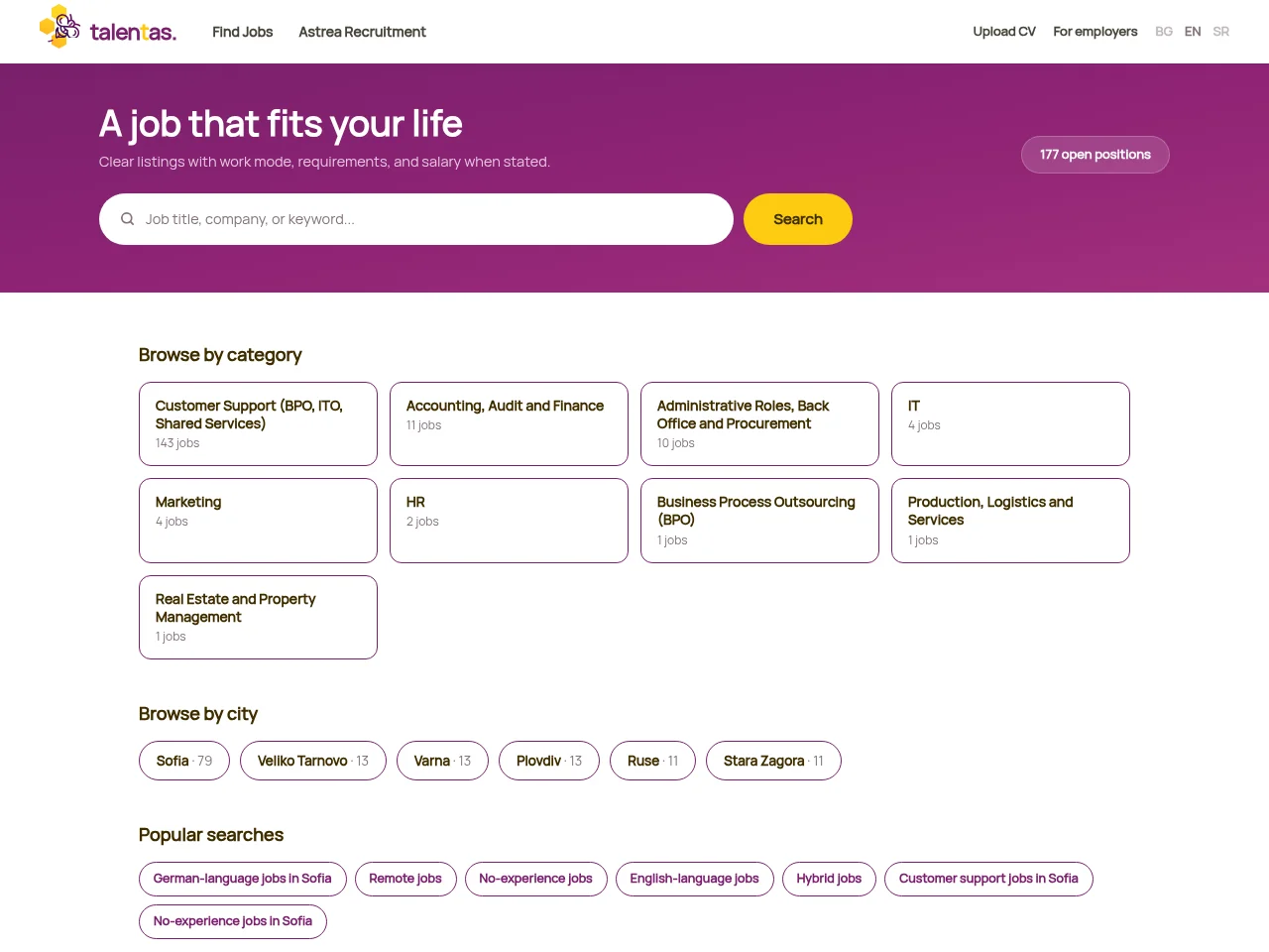 Talentas job board platform screenshot showing job search interface
