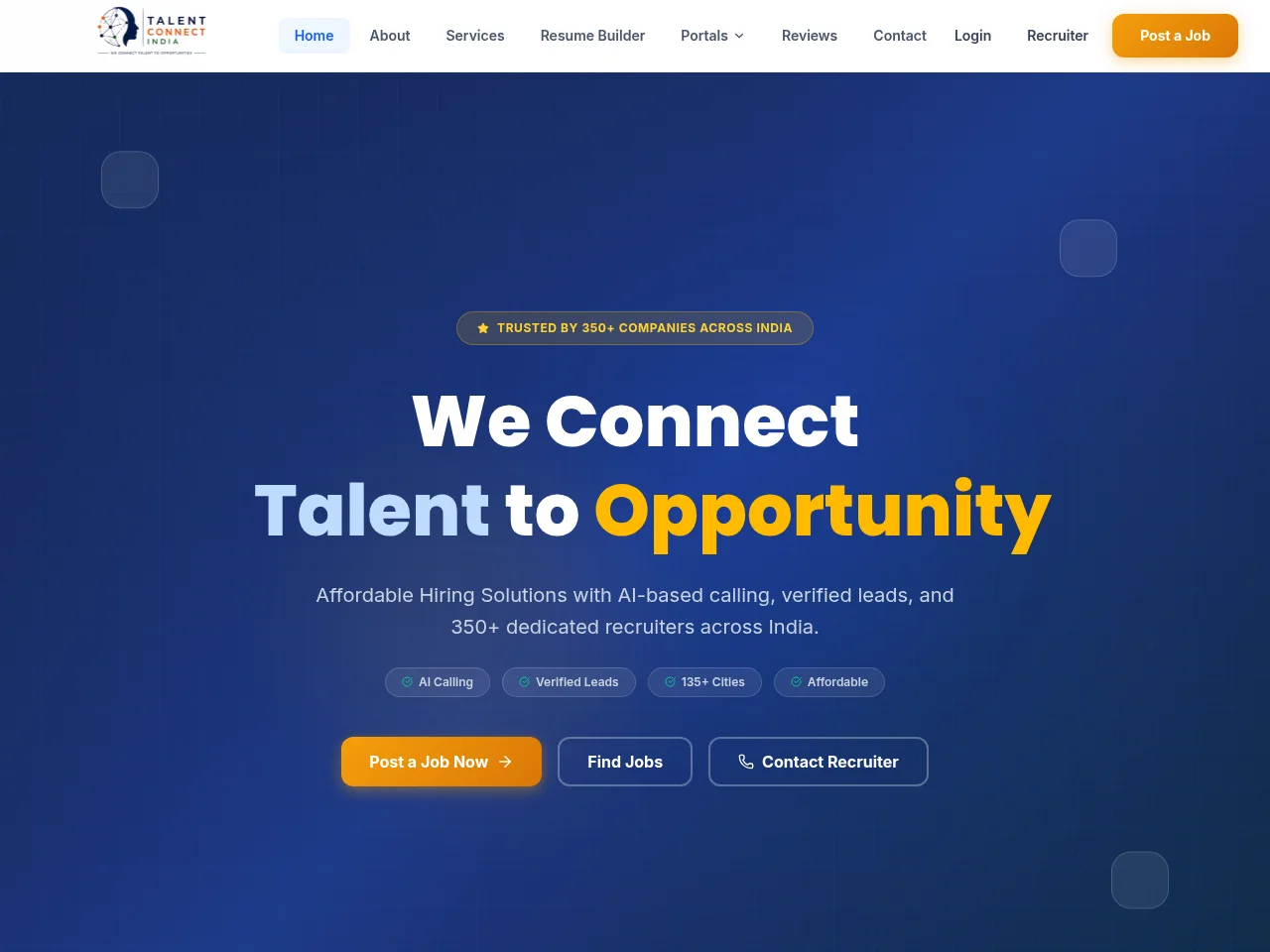Talent Connect India job board platform screenshot showing job search interface