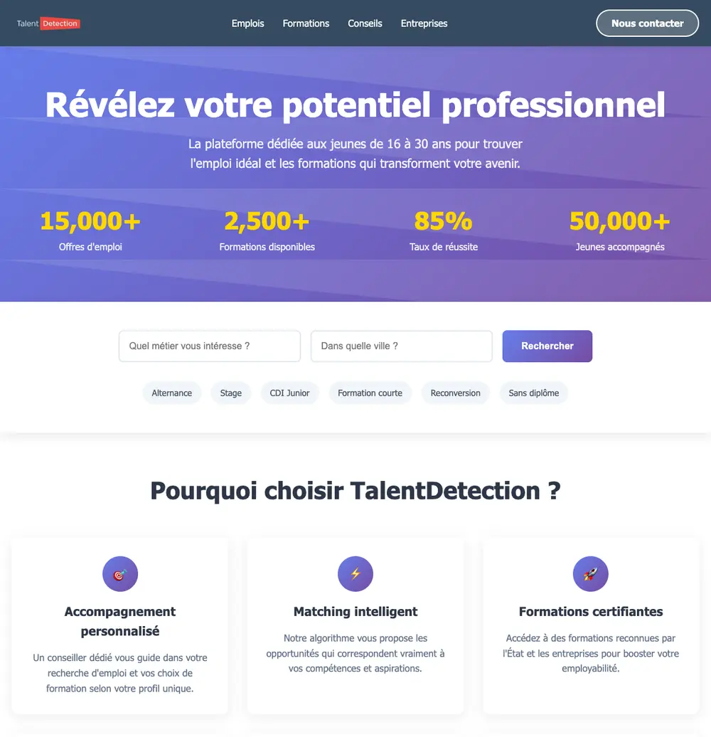 TalentDetection job board platform screenshot showing job search interface