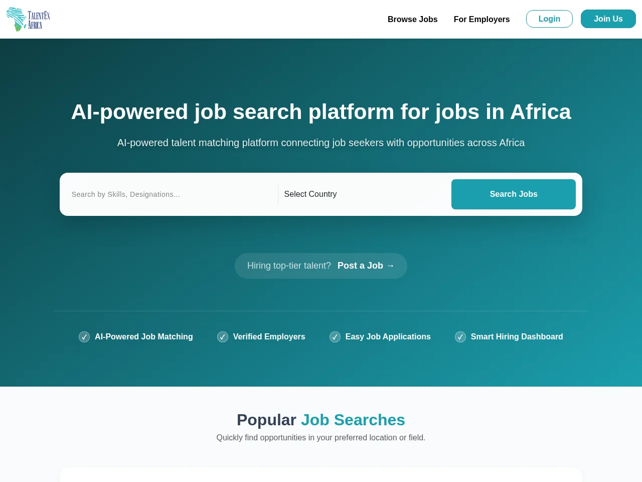 TalentEx Africa job board platform screenshot showing job search interface