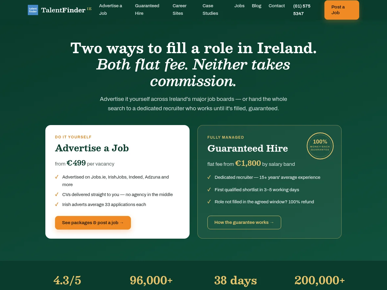 TalentFinder Ireland job board platform screenshot showing job search interface