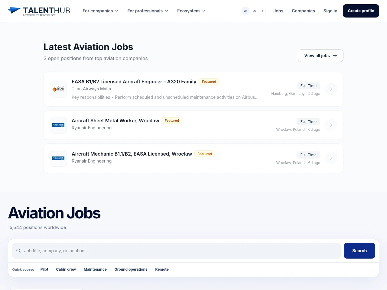 TalentHub job board platform screenshot showing job search interface