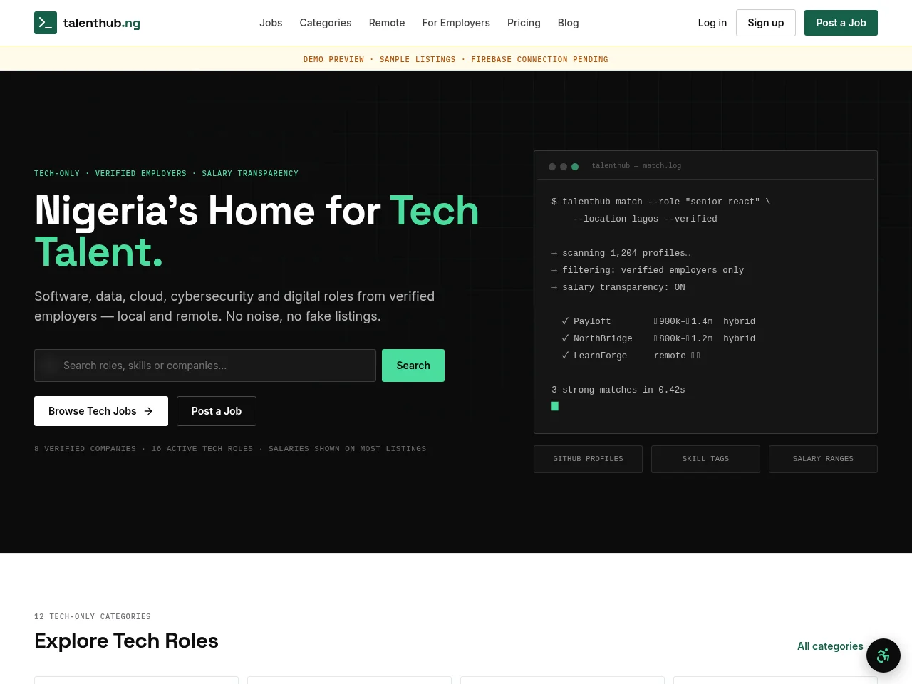 TalentHub.ng job board platform screenshot showing job search interface