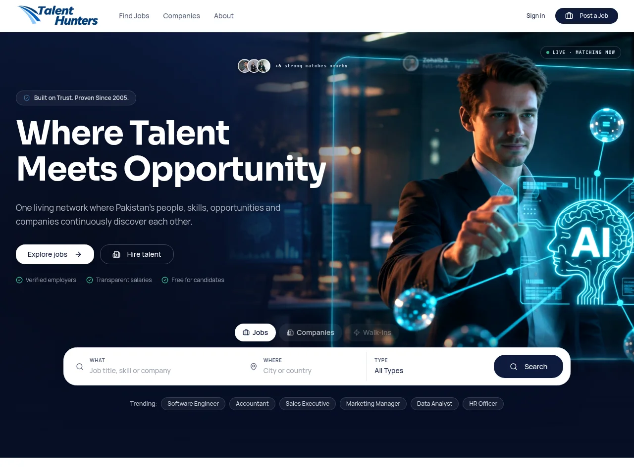 TalentHunters job board platform screenshot showing job search interface