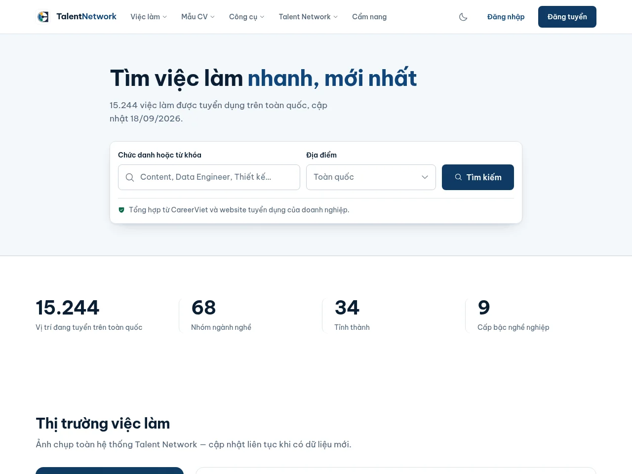 Talent Network job board platform screenshot showing job search interface