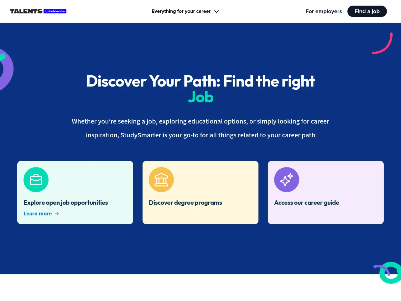 Talents by StudySmarter screenshot Talents by StudySmarter job board platform screenshot showing job search interface