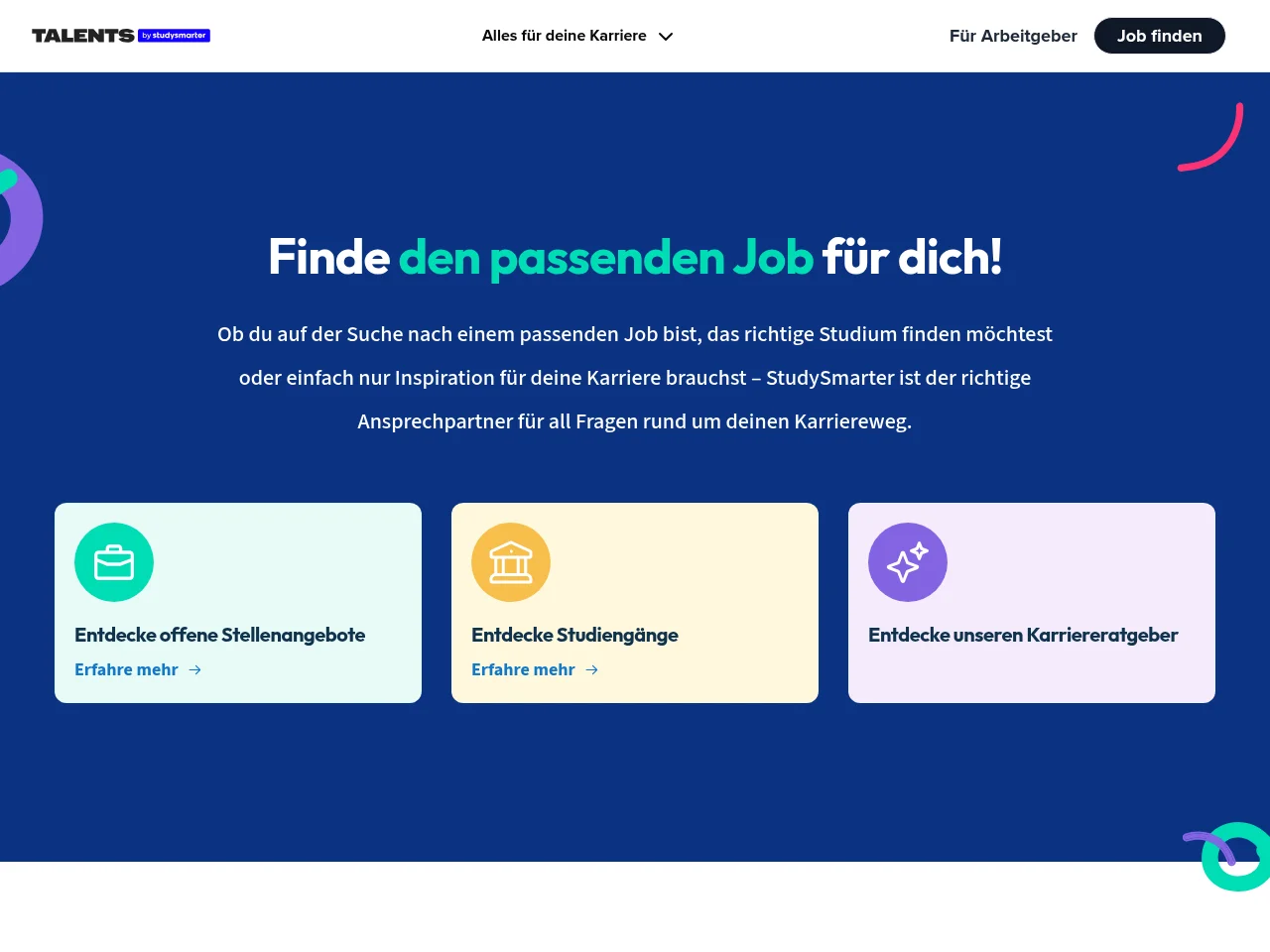Talents by StudySmarter job board platform screenshot showing job search interface