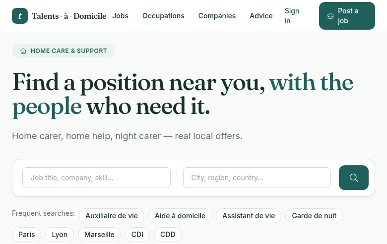 Talents à Domicile job board platform screenshot showing job search interface