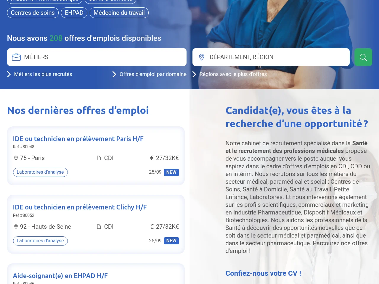 Talents Santé job board platform screenshot showing job search interface