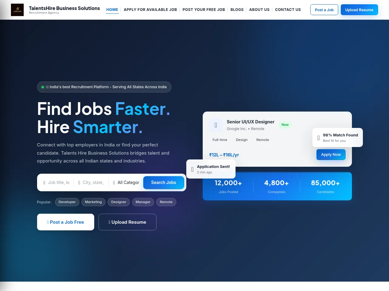 TalentsHire Business Solutions job board platform screenshot showing job search interface
