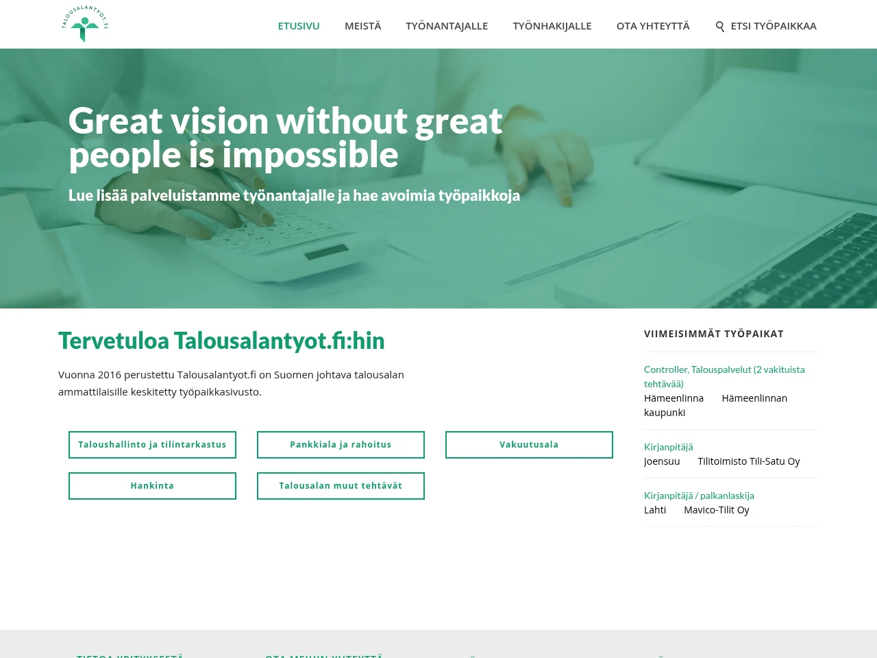 Talousalantyot.fi job board platform screenshot showing job search interface