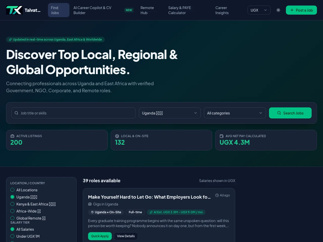 Talvatrix job board platform screenshot showing job search interface