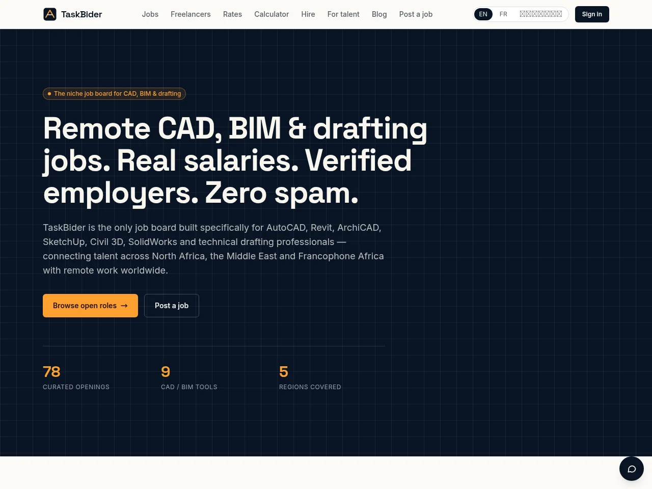 TaskBider job board platform screenshot showing job search interface