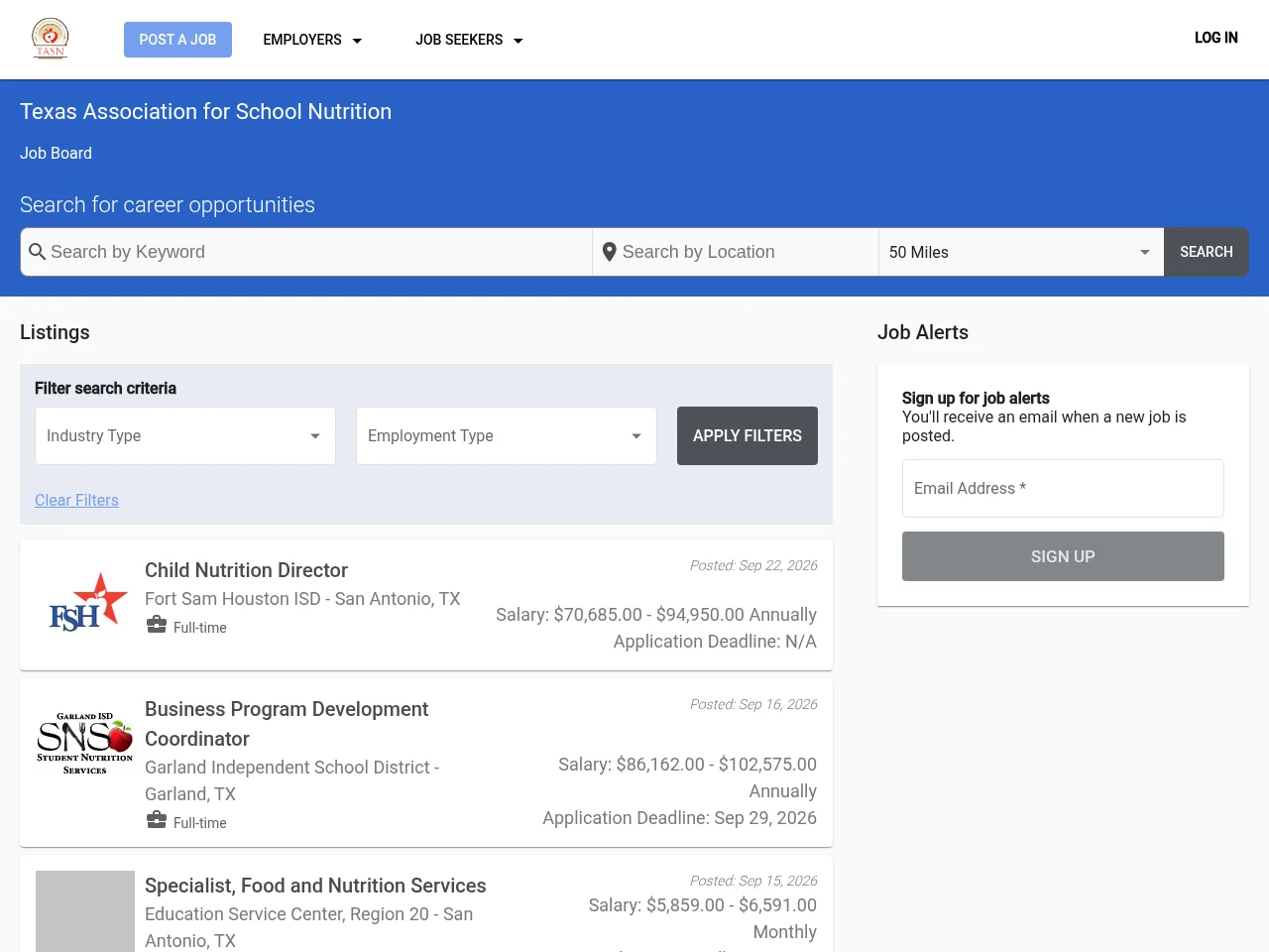 Texas Association for School Nutrition Job Board screenshot Texas Association for School Nutrition Job Board job board platform screenshot showing job search interface