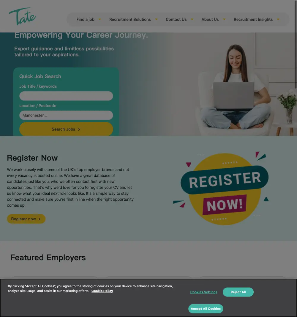 Tate job board platform screenshot showing job search interface