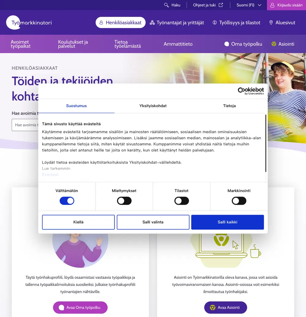 Työmarkkinatori job board platform screenshot showing job search interface