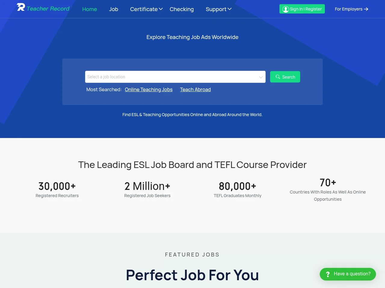 Teacher Record job board platform screenshot showing job search interface