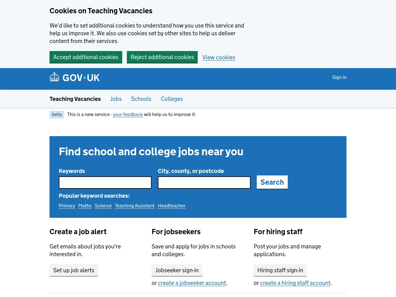 Teaching Vacancies job board platform screenshot showing job search interface