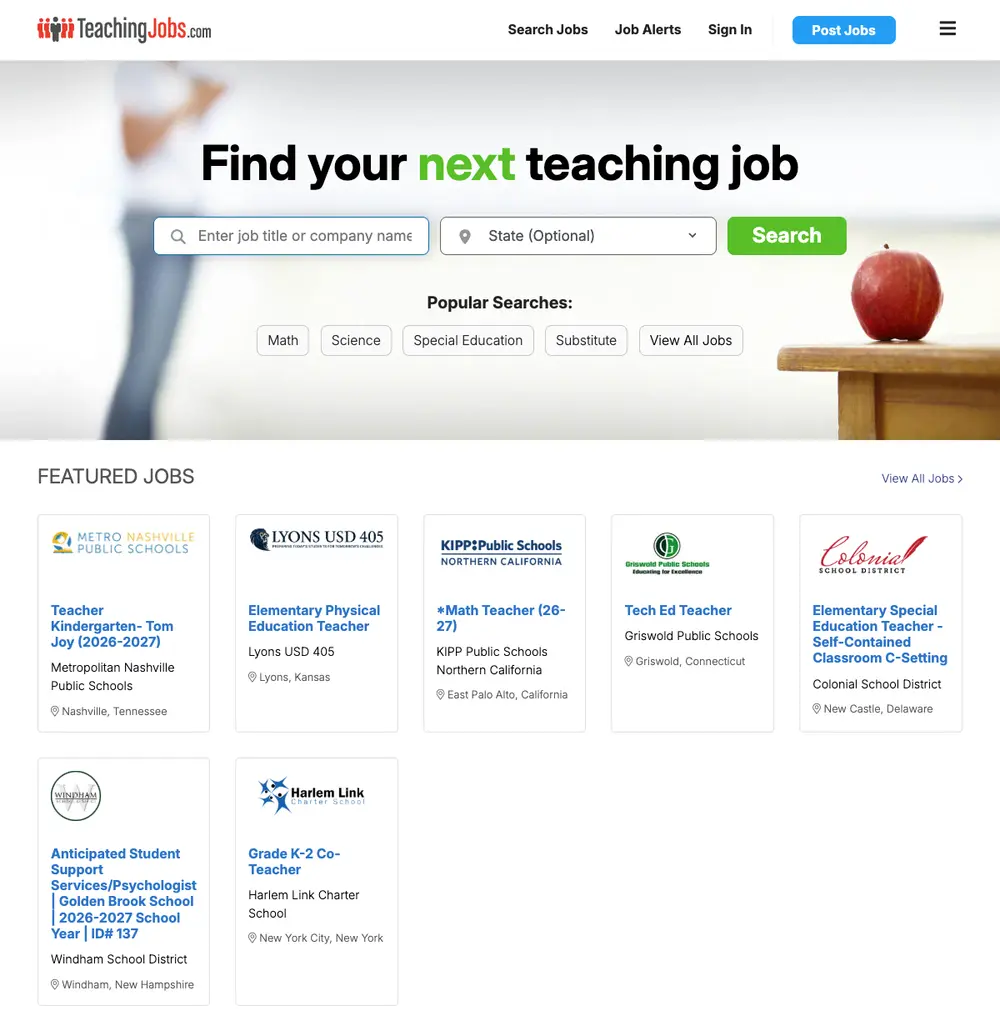 TeachingJobs.com job board platform screenshot showing job search interface