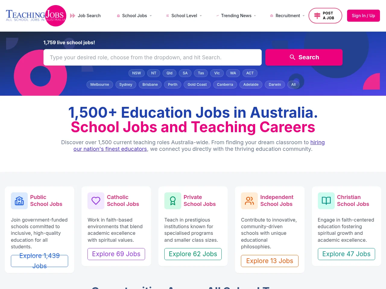 TeachingJobs.com.au job board platform screenshot showing job search interface