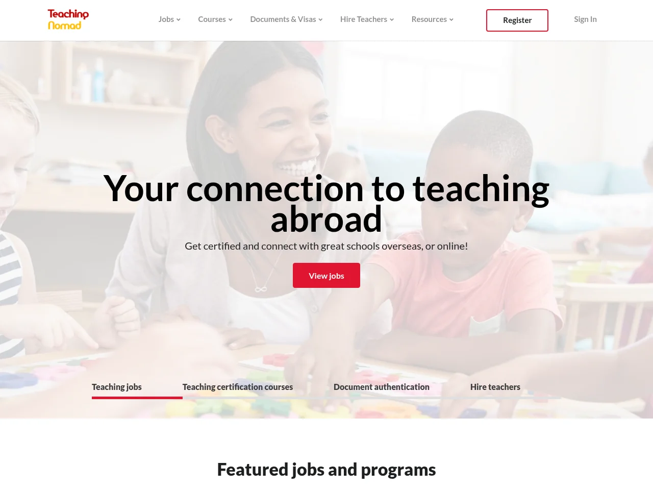 Teaching Nomad job board platform screenshot showing job search interface