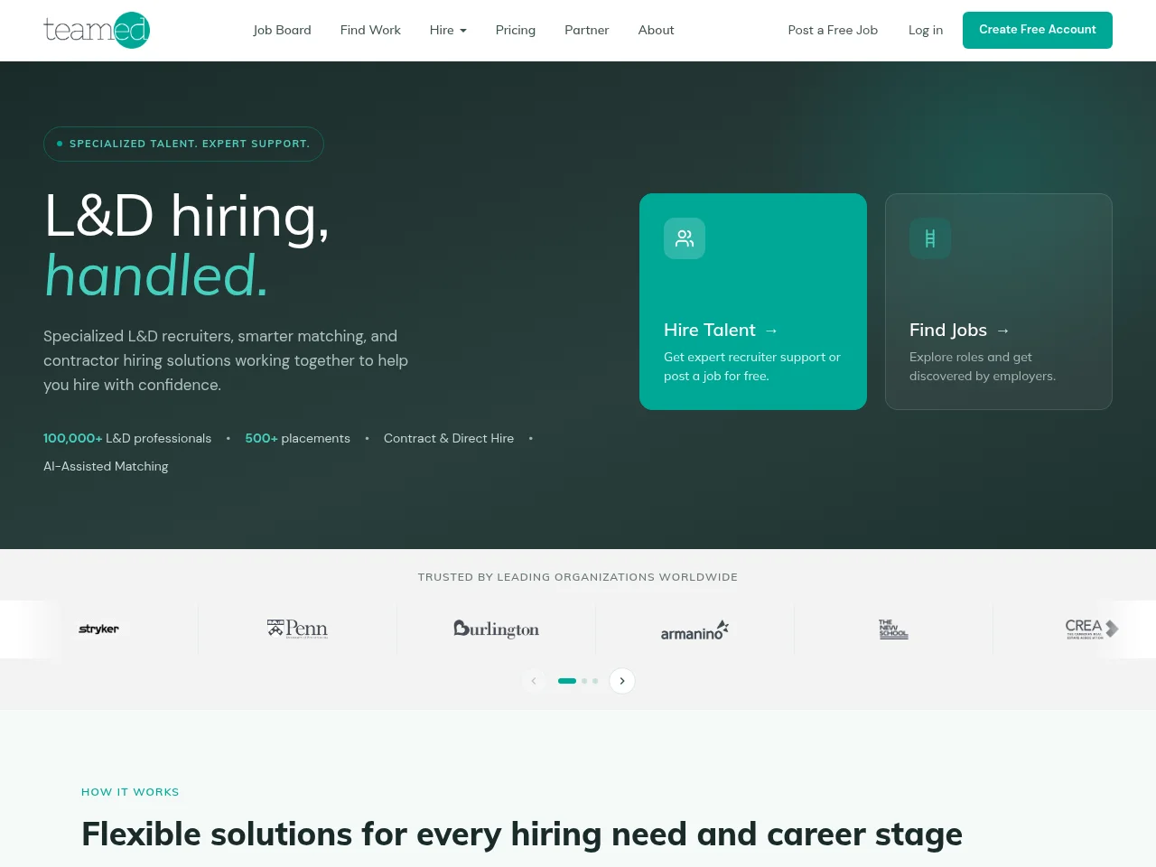 Teamed job board platform screenshot showing job search interface