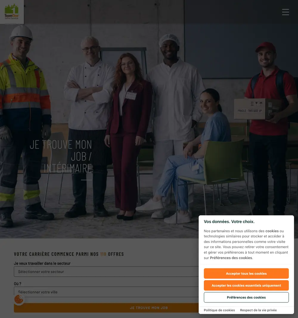 TeamOne job board platform screenshot showing job search interface