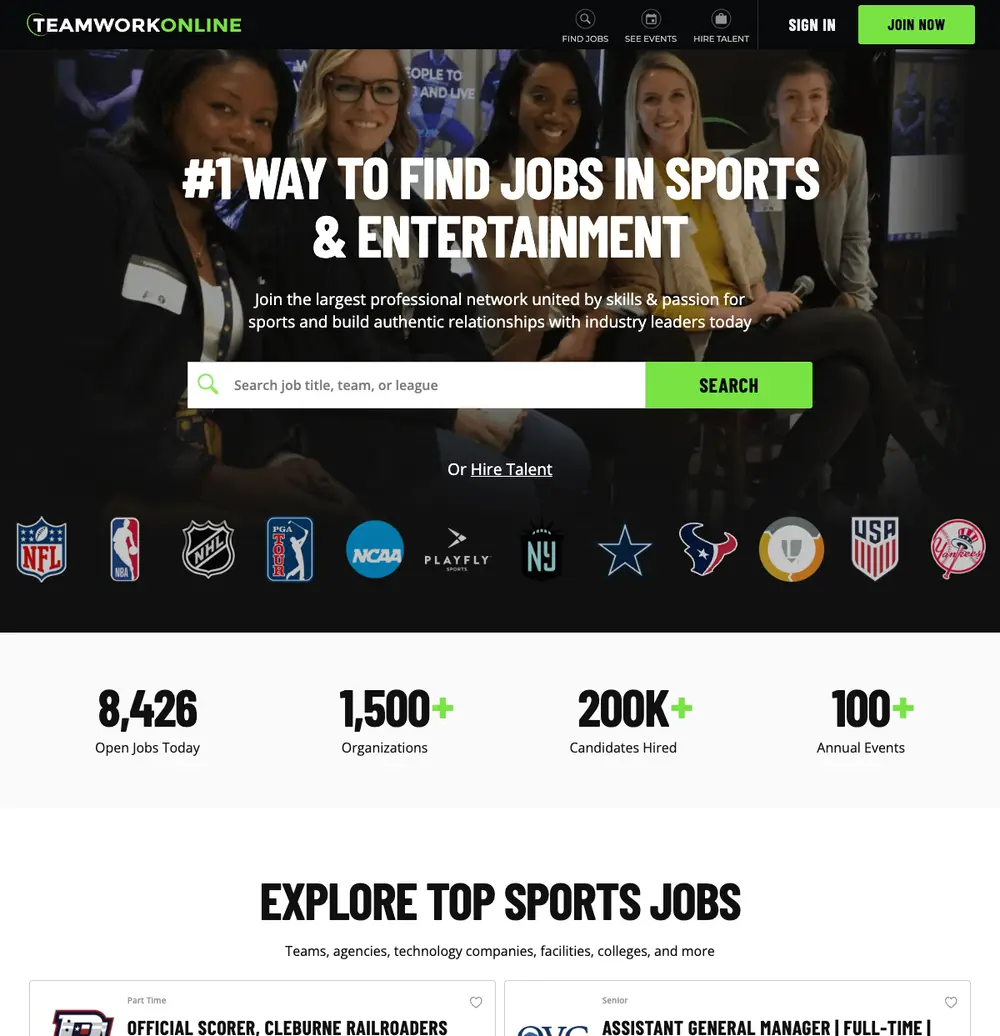 TeamWork Online job board platform screenshot showing job search interface