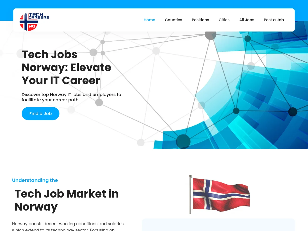 Tech Jobs Norway job board platform screenshot showing job search interface