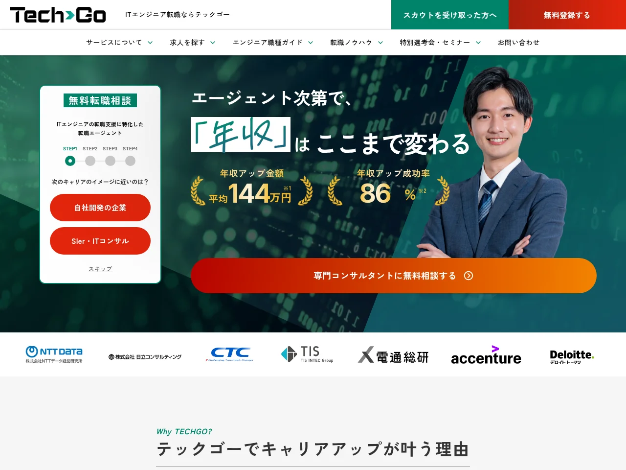 テックゴー job board platform screenshot showing job search interface