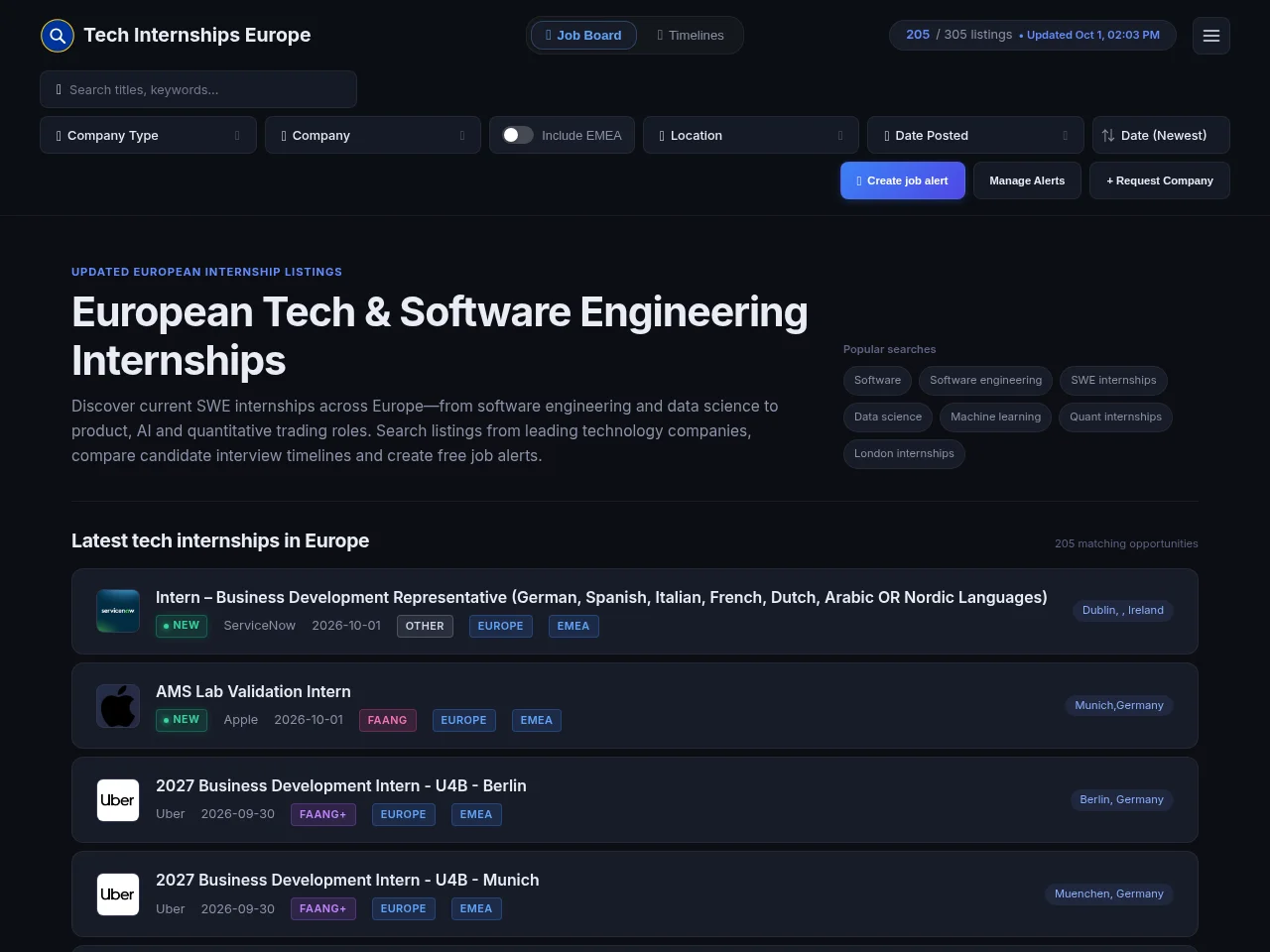 European Tech Internships screenshot European Tech Internships job board platform screenshot showing job search interface