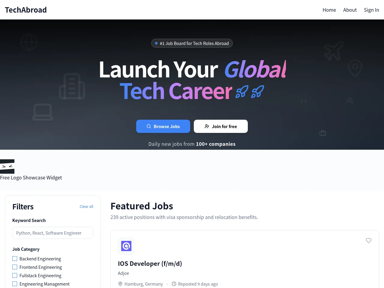 Techabroad job board platform screenshot showing job search interface