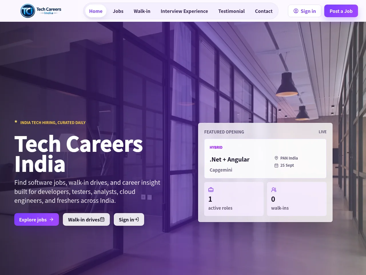 Tech Careers India job board platform screenshot showing job search interface