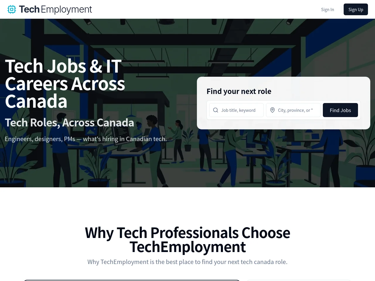 TechEmployment job board platform screenshot showing job search interface