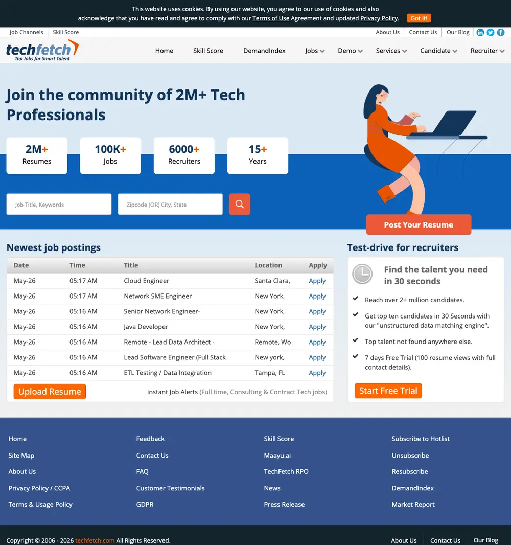 Techfetch job board platform screenshot showing job search interface