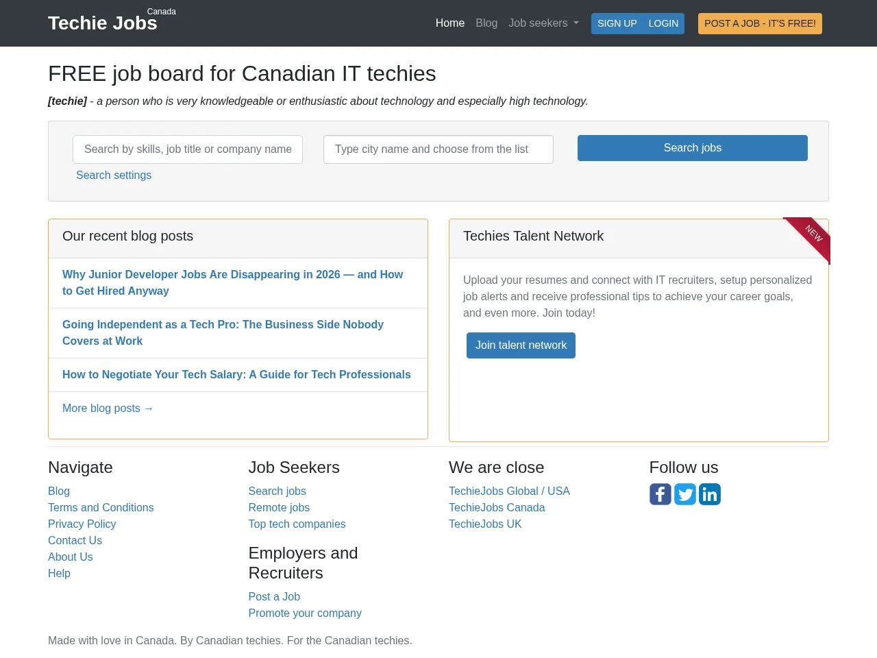 Techie Jobs job board platform screenshot showing job search interface