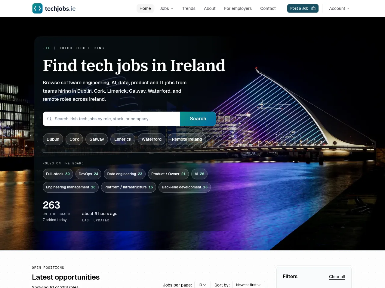 TechJobs.ie job board platform screenshot showing job search interface