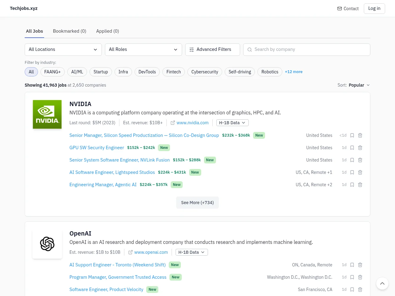Techjobs.xyz job board platform screenshot showing job search interface