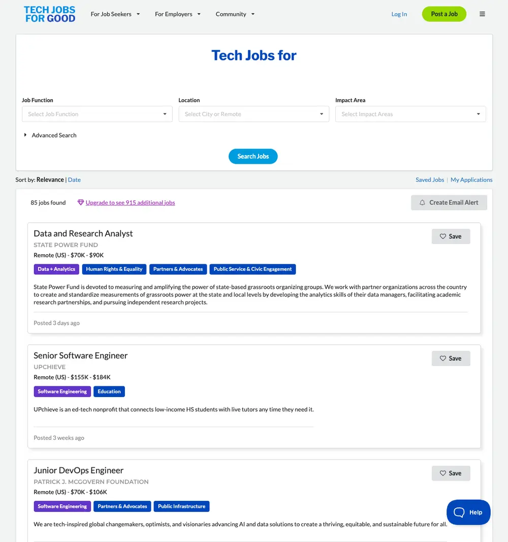 Tech Jobs for Good job board platform screenshot showing job search interface