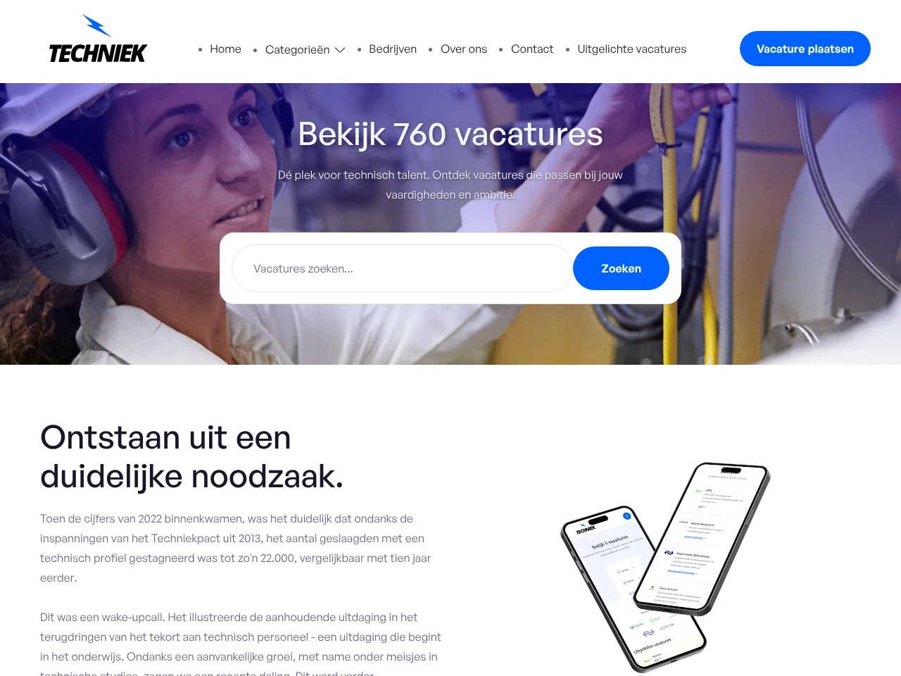Techniek Online job board platform screenshot showing job search interface