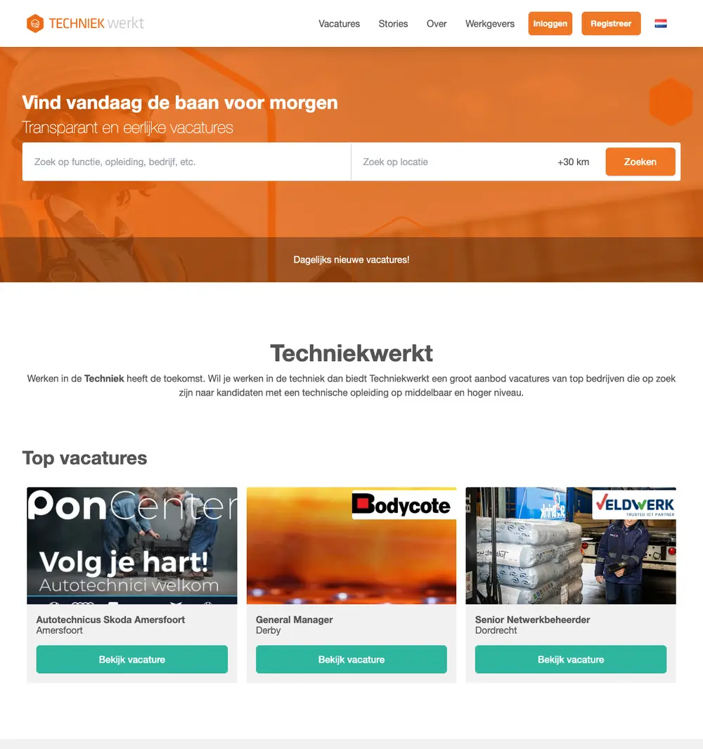 Techniekwerkt job board platform screenshot showing job search interface