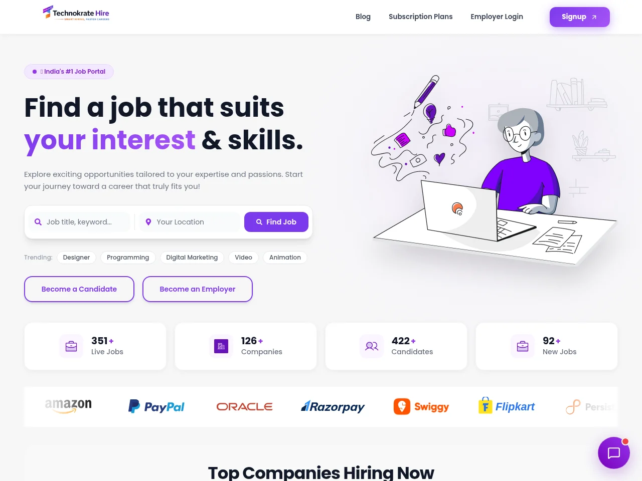 Technokrate Hire job board platform screenshot showing job search interface
